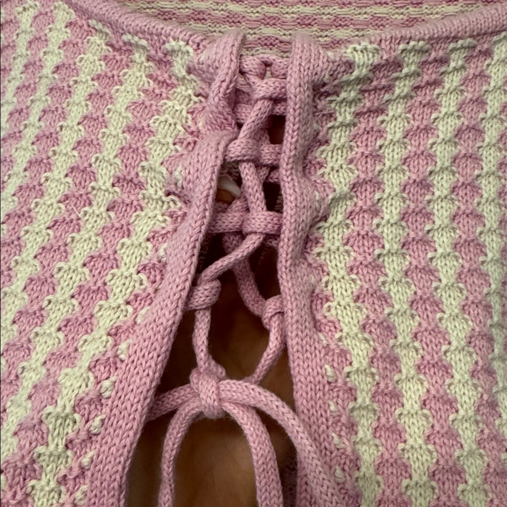 Pink and Cream Knit Square Neck Girly Sweet Crop Top - Picture 4 of 5